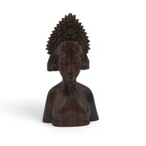 Female Wooden BUST Balinese Wooden With Floral Headdress from BALI 5" - Picture 9 of 10